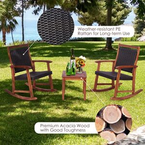 Tangkula 3 Pieces Patio Rocking Chair Set, Patiojoy Acacia Wood Rocker with Side Table, Outdoor Rocking Chairs with Wicker Rattan Seat & Backrest, Rocking Bistro Set for Garden, Backyard, Poolside