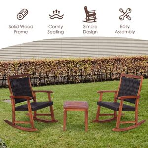 Tangkula 3 Pieces Patio Rocking Chair Set, Patiojoy Acacia Wood Rocker with Side Table, Outdoor Rocking Chairs with Wicker Rattan Seat & Backrest, Rocking Bistro Set for Garden, Backyard, Poolside