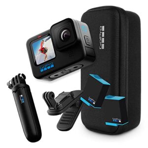 gopro hero10 black accessory bundle – includes hero10 camera, shorty (mini extension pole + grip), magnetic swivel clip, rechargeable batteries (2 total), and camera case