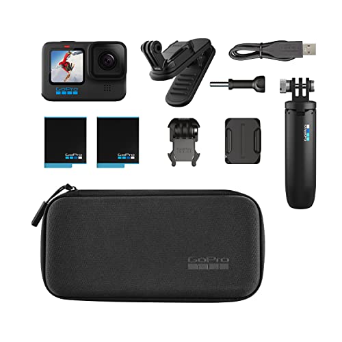 GoPro HERO10 Black Accessory Bundle - Includes HERO10 Camera, Shorty (Mini Extension Pole + Grip), Magnetic Swivel Clip, Rechargeable Batteries (2 Total), and Camera Case