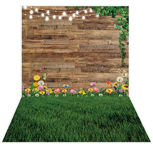 Allenjoy 5x7ft Spring Brown Rustic Wood Backdrop Photography Spring Flower Grassland Kids Newborn Photoshoot Background Pictures Wooden Board Baby Shower Bday Party Decor Banner Photo Booth Props