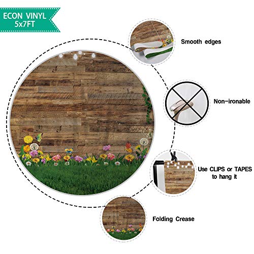 Allenjoy 5x7ft Spring Brown Rustic Wood Backdrop Photography Spring Flower Grassland Kids Newborn Photoshoot Background Pictures Wooden Board Baby Shower Bday Party Decor Banner Photo Booth Props