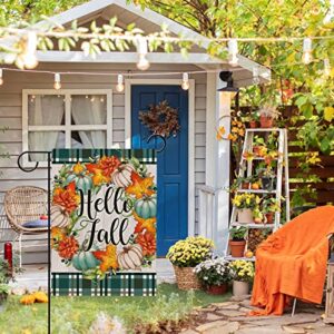 Hzppyz Hello Fall Home Decorative Garden Flag Pumpkins Maple Leaves Wreath, Welcome Autumn House Yard Blue Buffalo Plaid Decor, Farmhouse Outside Decoration Seasonal Harvest Outdoor Small Flag 12 x 18