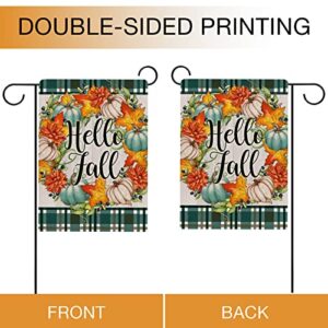 Hzppyz Hello Fall Home Decorative Garden Flag Pumpkins Maple Leaves Wreath, Welcome Autumn House Yard Blue Buffalo Plaid Decor, Farmhouse Outside Decoration Seasonal Harvest Outdoor Small Flag 12 x 18