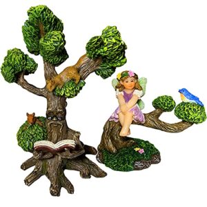 Mood Lab Fairy Garden Miniature Fairy with Reading Tree Statue - Figurines and Accessories Kit of 2 pcs