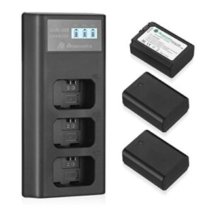 powerextra np-fw50 rechargeable battery charger set for sony zv-e10 a6000 a6500 a6300 a7 a7ii a7sii a7s a7s2 a7r a7r2 a7rii a55 a510 rx10 rx10ii (3 pack batteries and 3 channel charger lcd display)