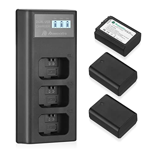 Powerextra NP-FW50 Rechargeable Battery Charger Set for Sony ZV-E10 A6000 A6500 A6300 A7 A7II A7SII A7S A7S2 A7R A7R2 A7RII A55 A510 RX10 RX10II (3 Pack Batteries and 3 Channel Charger LCD Display)