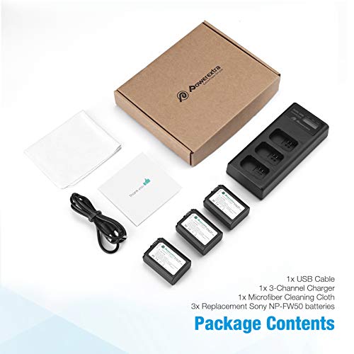 Powerextra NP-FW50 Rechargeable Battery Charger Set for Sony ZV-E10 A6000 A6500 A6300 A7 A7II A7SII A7S A7S2 A7R A7R2 A7RII A55 A510 RX10 RX10II (3 Pack Batteries and 3 Channel Charger LCD Display)