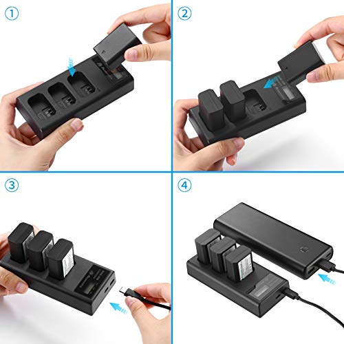 Powerextra NP-FW50 Rechargeable Battery Charger Set for Sony ZV-E10 A6000 A6500 A6300 A7 A7II A7SII A7S A7S2 A7R A7R2 A7RII A55 A510 RX10 RX10II (3 Pack Batteries and 3 Channel Charger LCD Display)