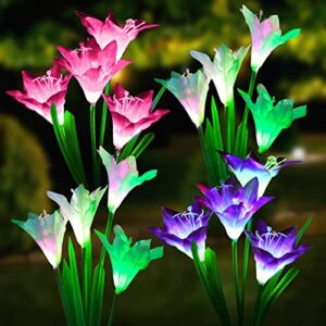 neemo solar outdoor lights 4 pack, solar garden lights with large lily flowers, 7-color changing solar pathway lights, solar powered landscape lights for garden patio yard (bigger solar panel)