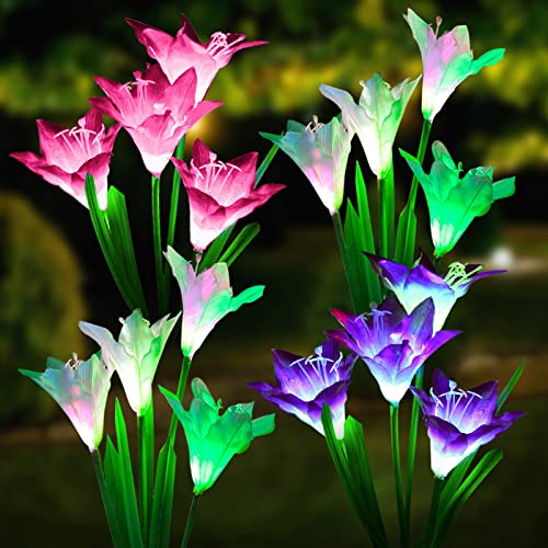 NEEMO Solar Outdoor Lights 4 Pack, Solar Garden Lights with Large Lily Flowers, 7-Color Changing Solar Pathway Lights, Solar Powered Landscape Lights for Garden Patio Yard (Bigger Solar Panel)