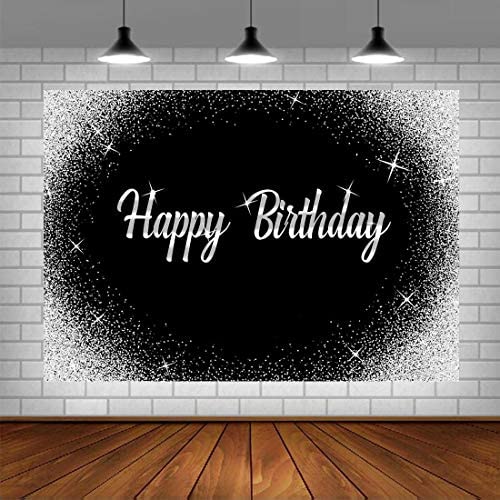 Happy Birthday Backdrop Glitter Silver Dots and Black Photography Background 5x3ft Birthday Party Decorations Banner for Any Age Men Women