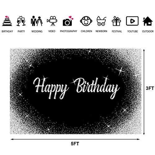 Happy Birthday Backdrop Glitter Silver Dots and Black Photography Background 5x3ft Birthday Party Decorations Banner for Any Age Men Women