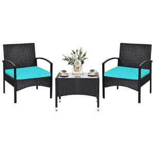 relax4life 3-piece patio furniture set – rattan conversation set, wicker bistro set w/ 2 chairs, glass table, steel frame, outdoor chairs set for yard, balcony, front porch furniture(turquoise)