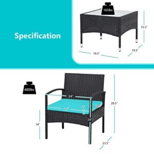 RELAX4LIFE 3-Piece Patio Furniture Set - Rattan Conversation Set, Wicker Bistro Set W/ 2 Chairs, Glass Table, Steel Frame, Outdoor Chairs Set for Yard, Balcony, Front Porch Furniture(Turquoise)