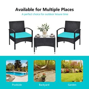 RELAX4LIFE 3-Piece Patio Furniture Set - Rattan Conversation Set, Wicker Bistro Set W/ 2 Chairs, Glass Table, Steel Frame, Outdoor Chairs Set for Yard, Balcony, Front Porch Furniture(Turquoise)