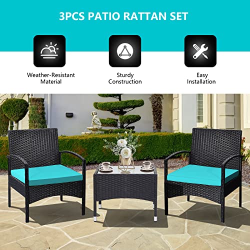 RELAX4LIFE 3-Piece Patio Furniture Set - Rattan Conversation Set, Wicker Bistro Set W/ 2 Chairs, Glass Table, Steel Frame, Outdoor Chairs Set for Yard, Balcony, Front Porch Furniture(Turquoise)