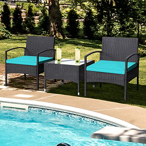 RELAX4LIFE 3-Piece Patio Furniture Set - Rattan Conversation Set, Wicker Bistro Set W/ 2 Chairs, Glass Table, Steel Frame, Outdoor Chairs Set for Yard, Balcony, Front Porch Furniture(Turquoise)