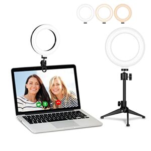 desk ring light for zoom meetings – video conference lighting kit for laptop computer, 6” clip on table led light lamp with tripod stand for video recording, remote working, gaming, vlogging