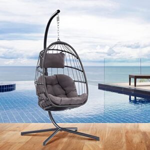 egg chair with stand – patio rattan wicker hanging swing egg chair hammock chair for indoor outdoor bedroom garden – aluminum steel frame and uv resistant cushion 350lbs capacity (dark grey)
