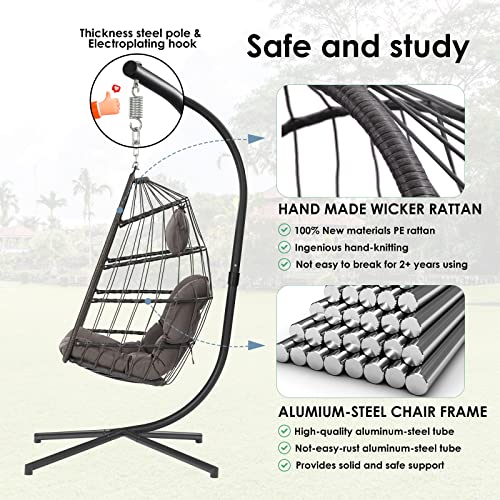 Egg Chair with Stand - Patio Rattan Wicker Hanging Swing Egg Chair Hammock Chair for Indoor Outdoor Bedroom Garden - Aluminum Steel Frame and UV Resistant Cushion 350LBS Capacity (Dark Grey)