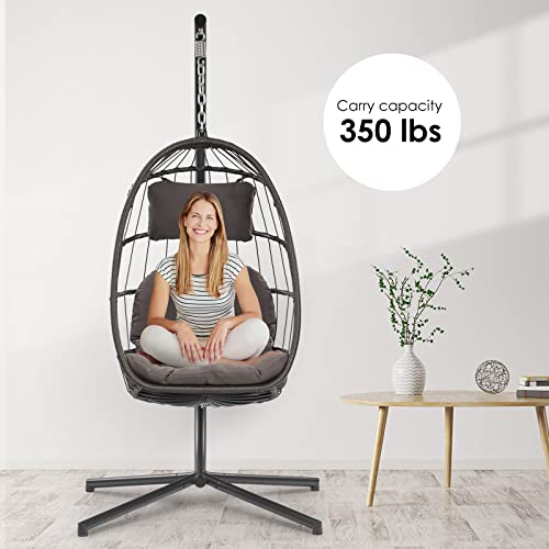 Egg Chair with Stand - Patio Rattan Wicker Hanging Swing Egg Chair Hammock Chair for Indoor Outdoor Bedroom Garden - Aluminum Steel Frame and UV Resistant Cushion 350LBS Capacity (Dark Grey)