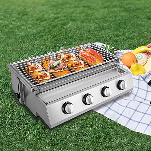 Stainless Steel Gas Grill BBQ Stove, 2 Burner Portable Gas BBQ Grill Tabletop Gas Grill Outdoor Patio Garden Barbecue Grill Cooking Camping or Tailgating