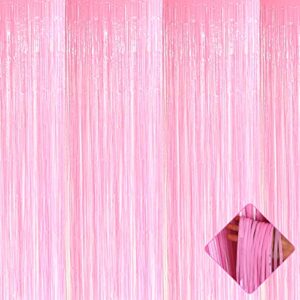4 pack macaron pink foil fringe curtain backdrop, 3.2ft x 9.8ft metallic tinsel foil fringe streamers curtains for party, photo booth prop, birthday, wedding, christmas party decoration supplies