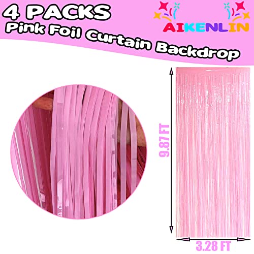 4 Pack Macaron Pink Foil Fringe Curtain Backdrop, 3.2Ft x 9.8Ft Metallic Tinsel Foil Fringe Streamers Curtains for Party, Photo Booth Prop, Birthday, Wedding, Christmas Party Decoration Supplies