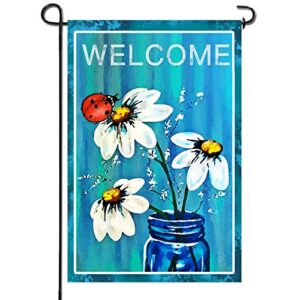ANLEY |Double Sided| Premium Garden Flag, Spring Summer Daisy Jar and Ladybug Welcome Decorative Garden Flags - Weather Resistant & Double Stitched - 18 x 12.5 Inch