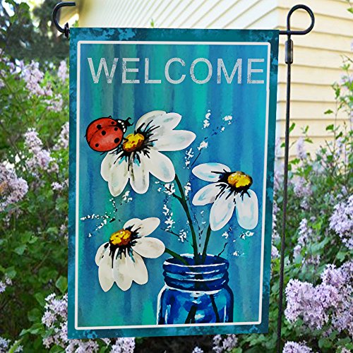 ANLEY |Double Sided| Premium Garden Flag, Spring Summer Daisy Jar and Ladybug Welcome Decorative Garden Flags - Weather Resistant & Double Stitched - 18 x 12.5 Inch