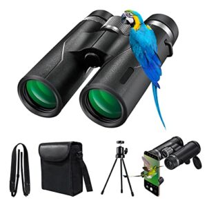 12×42 hd binoculars for adults with upgraded phone adapter & foldable tripod, high power binoculars with super bright and large view,waterproof lightweight binoculars for bird watching hunting travel