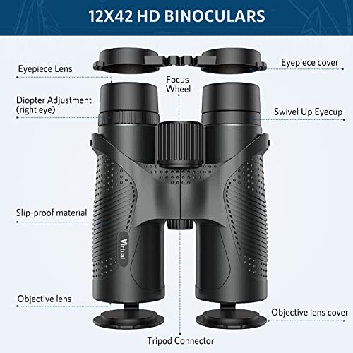 12X42 HD Binoculars for Adults, Virtual High Power Binoculars with BaK4 Prisms FMC Lens, IPX7 Waterproof Binoculars with Phone Adapter Binoculars for Bird Watching, Hunting, Hiking, Travel, Concert