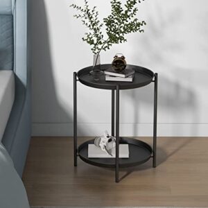 grand patio indoor & outdoor folding side table, removable 2-tier end table with steel frame and removable tray for living room bedroom balcony garden, black