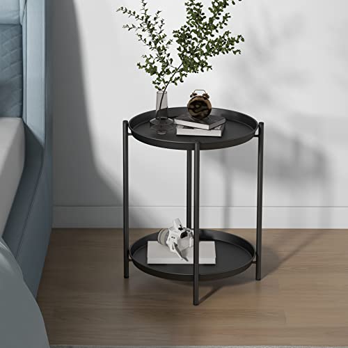 Grand patio Indoor & Outdoor Folding Side Table, Removable 2-Tier End Table with Steel Frame and Removable Tray for Living Room Bedroom Balcony Garden, Black