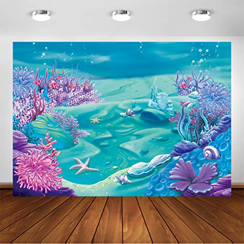 COMOPHOTO Under The Sea Mermaid Backdrop Deep Blue Sea Castle Shell Photography Background Child Kids Mermaid Themed Birthday Party Decoration Backdrops (7x5ft)