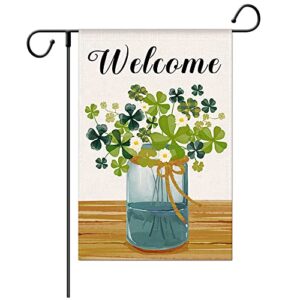 wodison welcome st patricks day garden flag for yard house, spring shamrocks clovers 12×18 inch burlap double sided printing, outdoors home decoration banner (only flag)