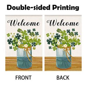 WODISON Welcome St Patricks Day Garden Flag For Yard House, Spring Shamrocks Clovers 12x18 Inch Burlap Double Sided Printing, Outdoors Home Decoration Banner (Only Flag)