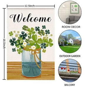 WODISON Welcome St Patricks Day Garden Flag For Yard House, Spring Shamrocks Clovers 12x18 Inch Burlap Double Sided Printing, Outdoors Home Decoration Banner (Only Flag)