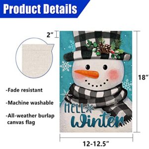 Covido Home Decorative Hello Winter Snowman Garden Flag, Buffalo Plaid Check Yard Outside Decorations, Outdoor Small Decor Double Sided 12x18