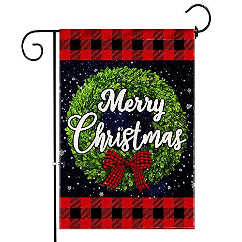 pinata Christmas Garden Flag Winter 12 x 18 Double Sided, Holiday Outdoor Decorative Boxwood Wreath Buffalo Plaid Christmas Decorations Small Yard Flag Burlap Snowflake Banner Outside Seasonal Sign