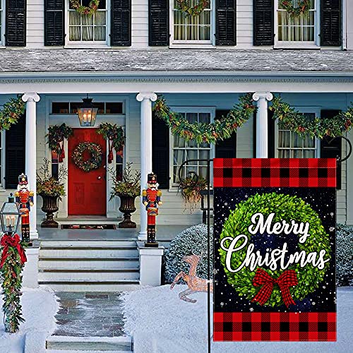 pinata Christmas Garden Flag Winter 12 x 18 Double Sided, Holiday Outdoor Decorative Boxwood Wreath Buffalo Plaid Christmas Decorations Small Yard Flag Burlap Snowflake Banner Outside Seasonal Sign