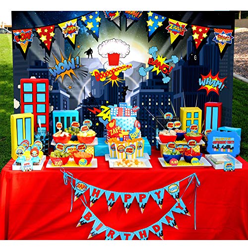 TMCCE Superhero Birthday Party Backdrop Supplies- Superhero Cityscape Photography Backdrop, 12 Superhero Photo Booth Props for Kids Superhero Birthday Party Decorations