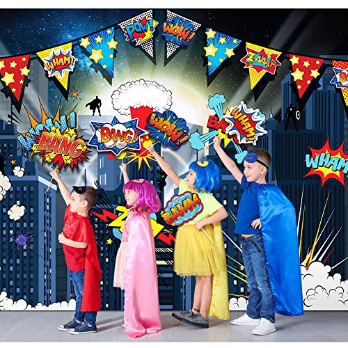 TMCCE Superhero Birthday Party Backdrop Supplies- Superhero Cityscape Photography Backdrop, 12 Superhero Photo Booth Props for Kids Superhero Birthday Party Decorations