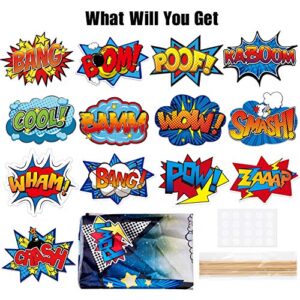 TMCCE Superhero Birthday Party Backdrop Supplies- Superhero Cityscape Photography Backdrop, 12 Superhero Photo Booth Props for Kids Superhero Birthday Party Decorations