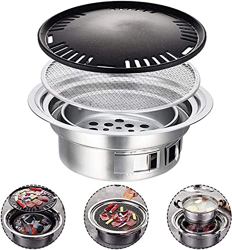 NEWCES Safety Certification 3-in-1 BBQ Grill Non-Stick Bakeware & Grid & Hot Pot Portable Charcoal Barbecues Grills Round Barbeque Grill Outdoor Smoker BBQ Grill for Camping Picnic Patio Garden