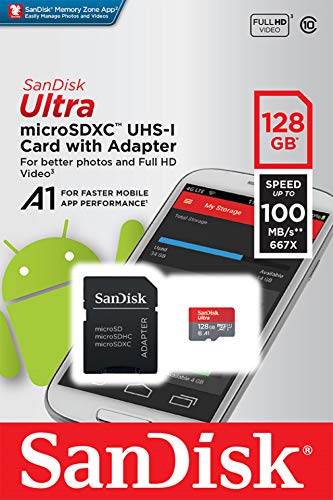 SanDisk 128GB Ultra MicroSDXC UHS-I Memory Card with Adapter - 100MB/s, C10, U1, Full HD, A1, Micro SD Card - SDSQUAR-128G-GN6MA