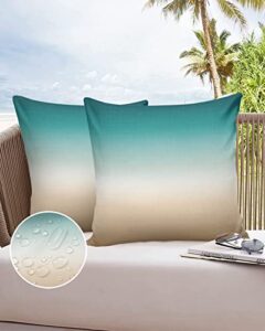 pack of 2 waterproof outdoor pillow covers, ombre color decorative throw pillow covers square pillowcases cushion covers for patio garden 16×16 inch khaki and aqua painting