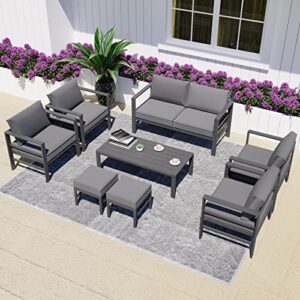 auzfy cast aluminum outdoor patio furniture with ottomans, all weather metal outdoor patio sectional conversation furniture set with coffee table, 8pcs modern outdoor steel seating furniture set, grey