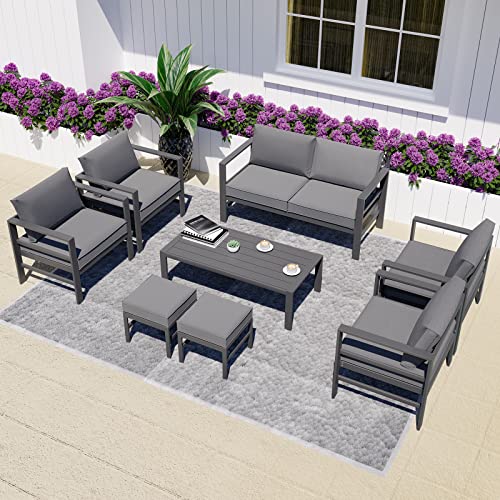 Auzfy Cast Aluminum Outdoor Patio Furniture with Ottomans, All Weather Metal Outdoor Patio Sectional Conversation Furniture Set with Coffee Table, 8pcs Modern Outdoor Steel Seating Furniture Set, Grey